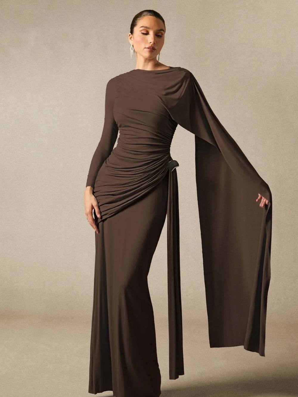 Elegant Chocolate Brown Draped Evening Gown by Sunfere